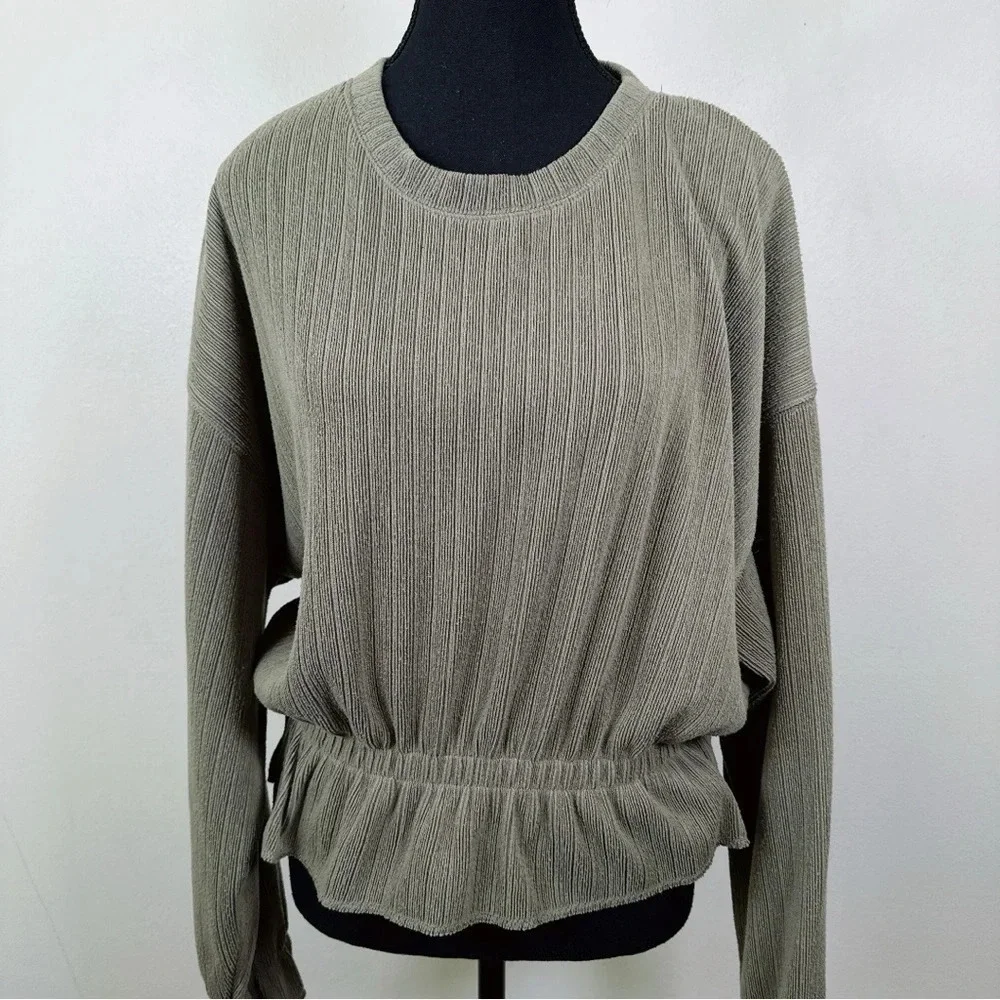 Zara Womens Size Medium Crew Neck Textrued Ribbed Long Sleeve Ruched Waist Top